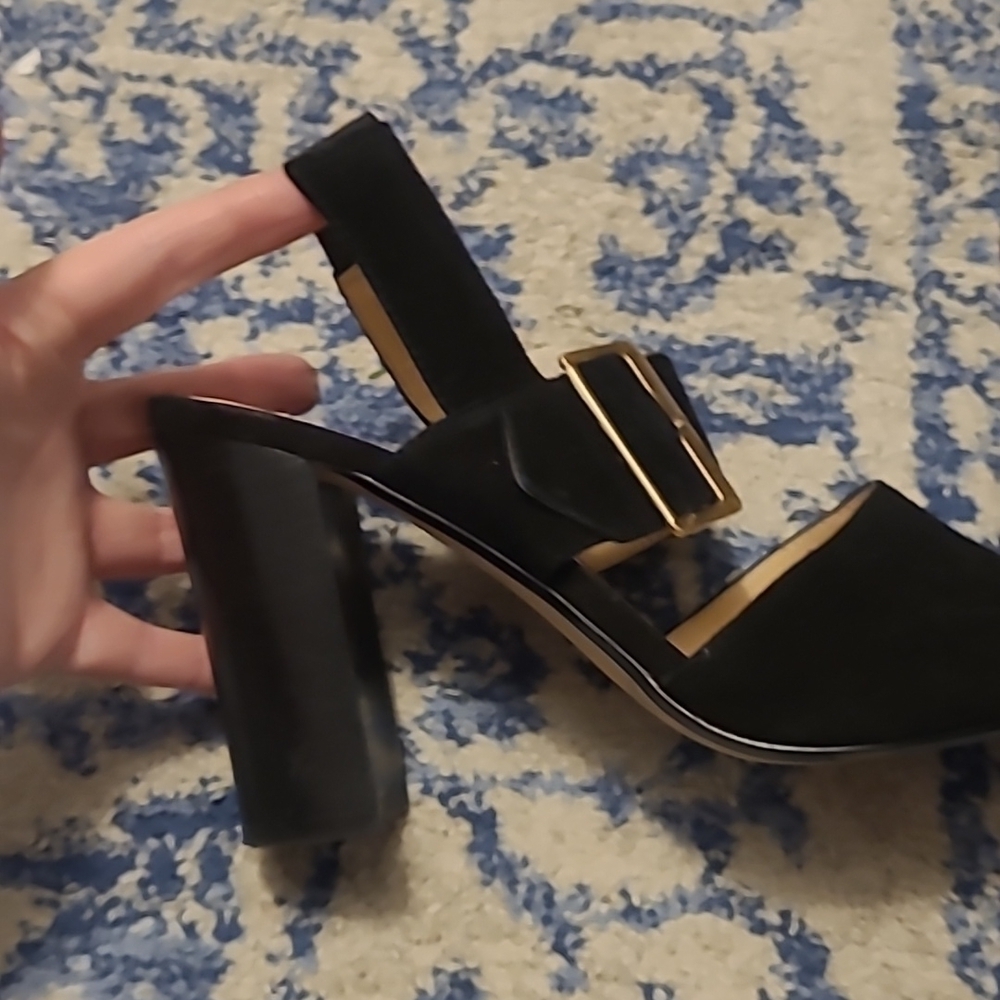 Adrienne Vitadini sz 9 black peep toe suede heels SH392 - Picture 2 of 3
